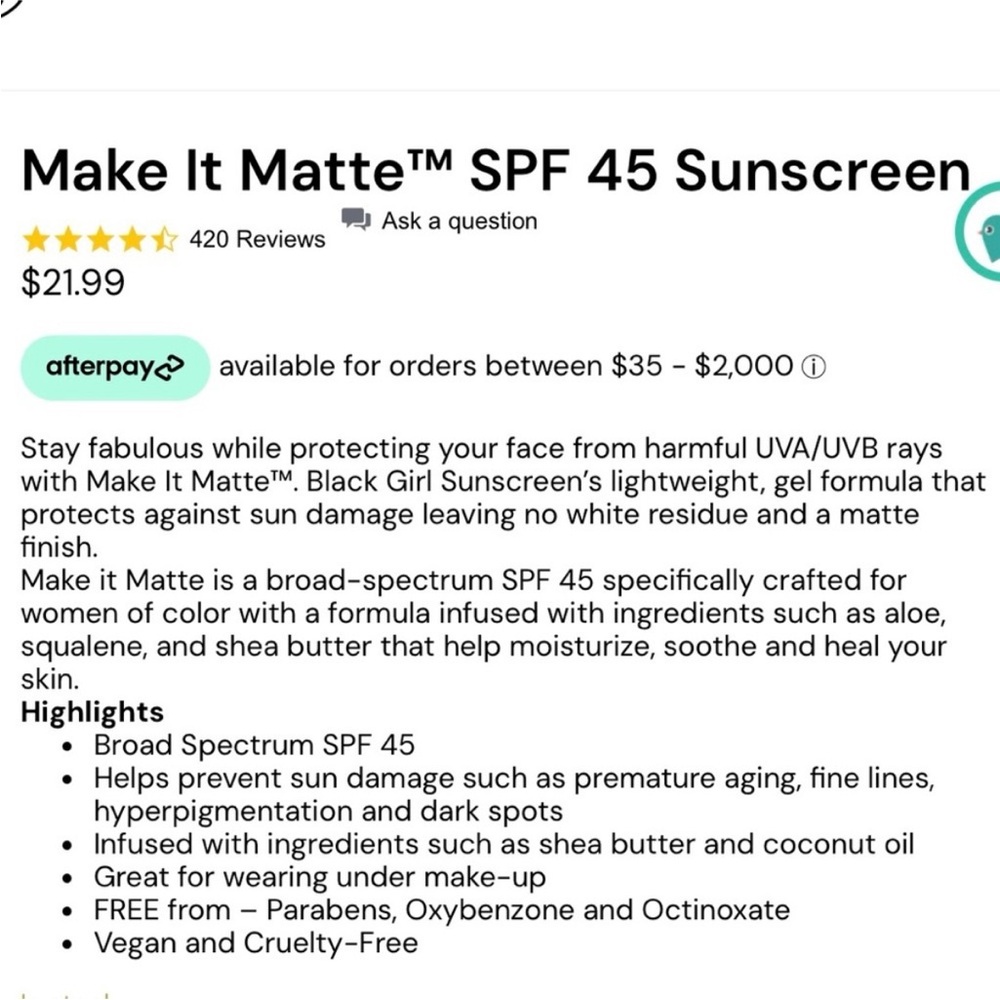 Black Girl Sunscreen Sheer Make it Matte Facial Sunscreen SPF 45 - Picture 3 of 6